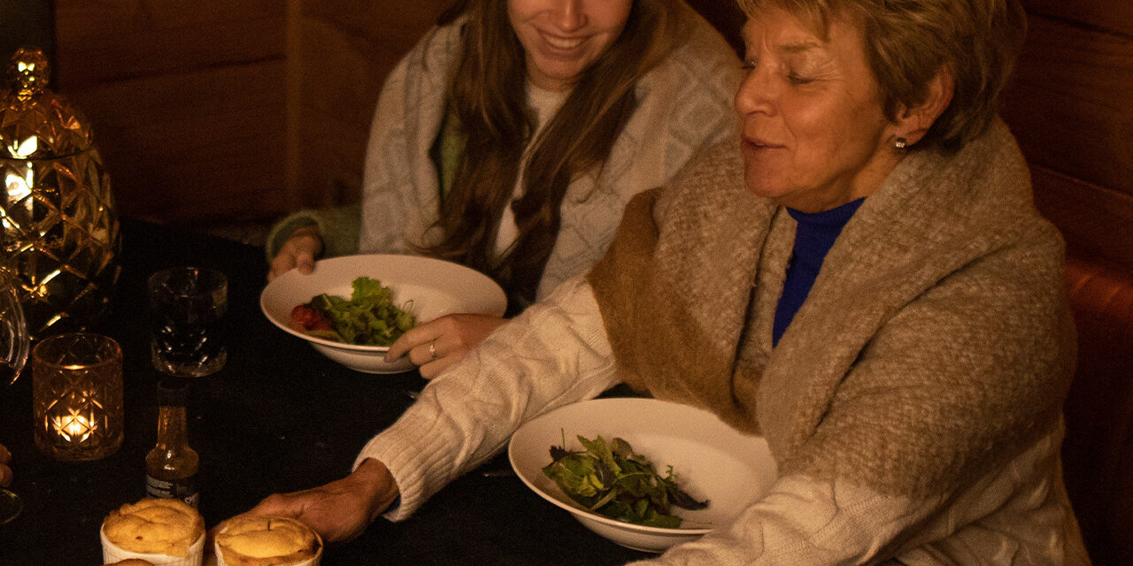 pot pie- eating outdoor with smile pot pie winterbarbecue
