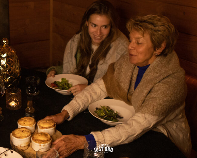 pot pie- eating outdoor with smile pot pie winterbarbecue